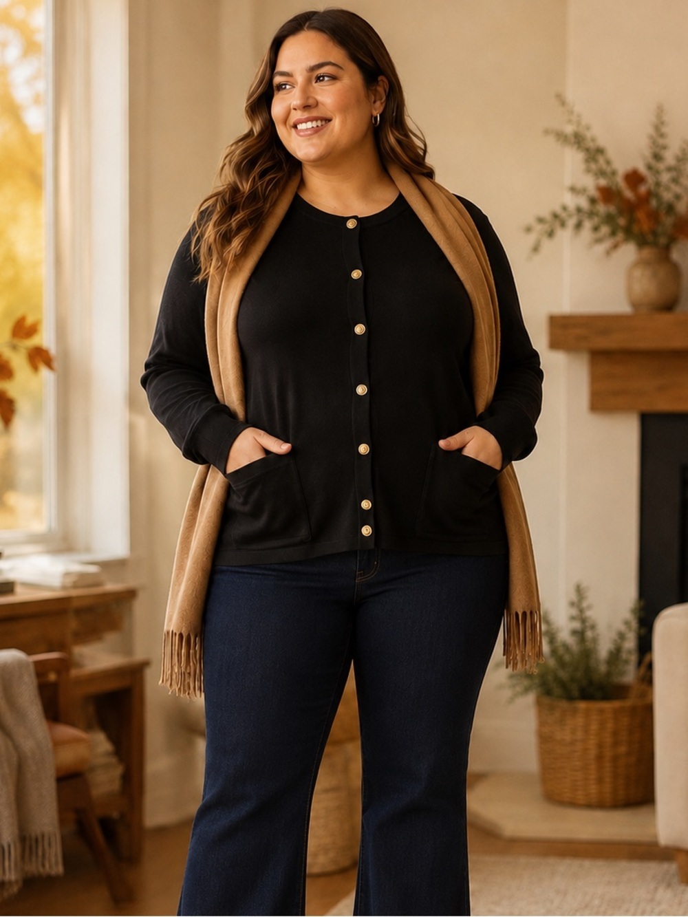 Nine West Black Cardigan Sweater XXL Gold Button Cotton Viscose Work Office